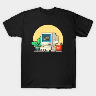 Old Computer Desktop with Coffee and Plant Cartoon Vector Icon Illustration T-Shirt